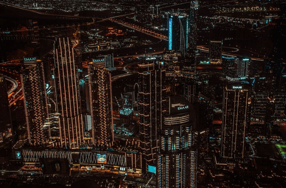 Aerial night view of the Dubai skyline in the United Arab Emirates