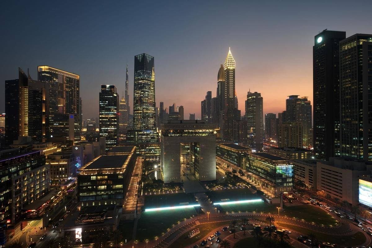 Dubai International Financial Centre skyline at dusk